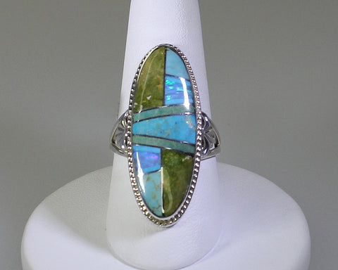 Z Cecil Ashley - Navajo<br>Ring<br>Multi-Inlay Long Oval<br>Emerald ValleyTurquoise, Opal<br>Size 9