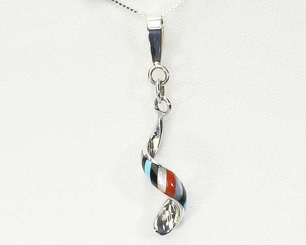 Idella Edaakie - Zuni Jewelry<br>Pendant<br>Spiral Multi-Inlay "Barberpole"<br>18" Silver Chain (Non-Native)<br>Jet, Turquoise, Coral,<br>White Mother of Pearl<br>Size Small