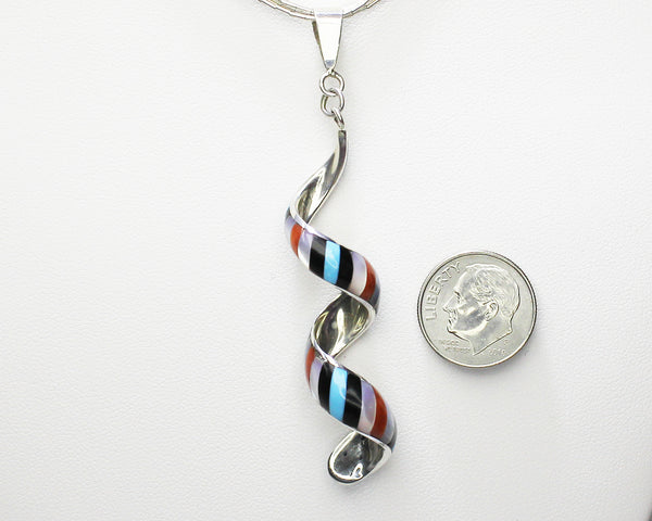 Pernell & Idella Edaakie - Zuni Jewelry<br>Pendant (Only)<br>Spiral Multi-Inlay "Barberpole"<br>Jet, Turquoise, Coral<br>White Mother of Pearl<br>Size Extra Large