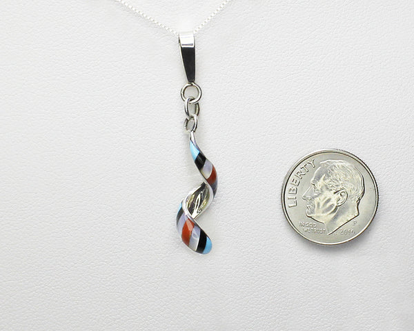 Idella Edaakie - Zuni Jewelry<br>Pendant<br>Spiral Multi-Inlay "Barberpole"<br>18" Silver Chain (Non-Native)<br>Jet, Turquoise, Coral,<br>White Mother of Pearl<br>Size Small