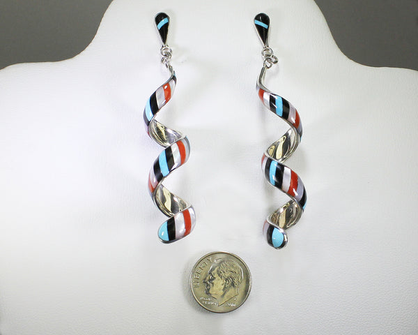 Z Idella Edaakie - Zuni Jewelry<br>Earrings - Dangle-Post Black Top<br>Spiral Multi-Inlay "Barberpole"<br>Jet, Turquoise, Coral,<br>White Mother of Pearl<br>Size Extra Large