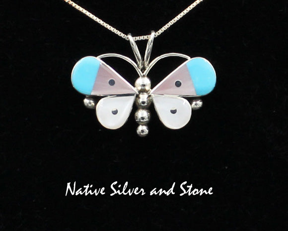 Z Leavus Ahiyite - Zuni<br>5/8"Pendant<br> Butterfly<br>White & Pink Mother of Pearl<br>& Turquoise<br>Sterling Silver
