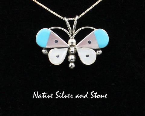 Z Leavus Ahiyite - Zuni<br>5/8"Pendant<br> Butterfly<br>White & Pink Mother of Pearl<br>& Turquoise<br>Sterling Silver