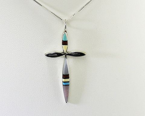 Z Lynette Bowannie - Zuni Jewelry<br>Cross Pendant w Chain<br> Channel Inlay<br>with Silver 18" Chain