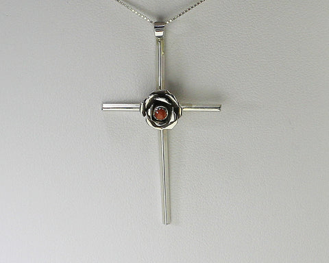 Miscellaneous Artist - Navajo Jewelry<br>Silver Cross Pendant w Coral Rose<br>with Silver 18" Chain