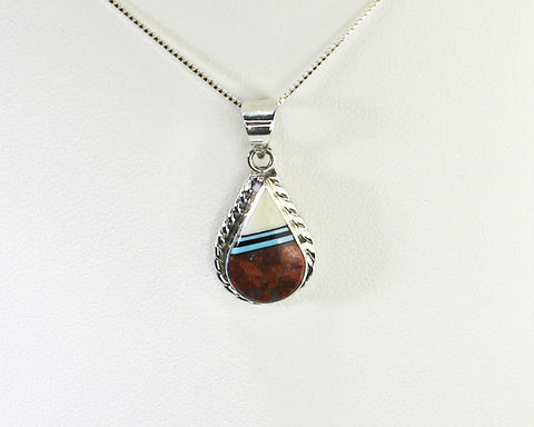 Z Duran Gasper - Zuni<br>Teardrop Pendant w Chain<br>Turquoise, Coral, Jet, Fossil Bone<br>with 18" Silver Box Chain