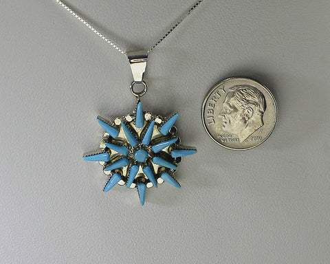 Z Vera Halusewa - Zuni<br>1-3/16" Pendant w Chain - Turquoise Snowflake/Star - Small<br>Kingman Turquoise