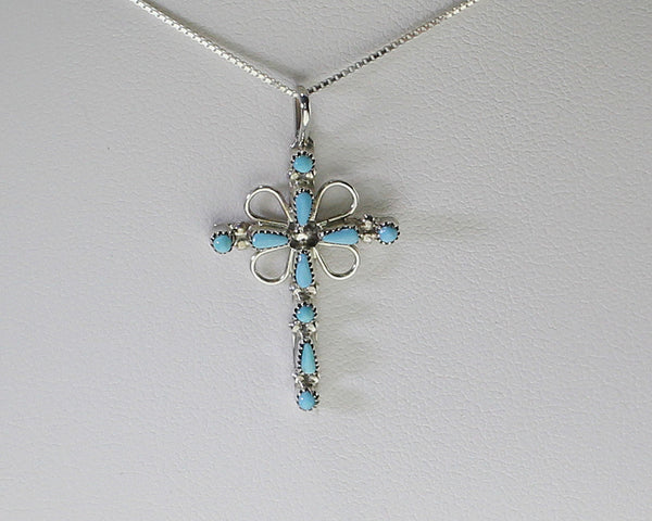 Z Cross Pendant w Chain- Zuni<br>Needlepoint Turquoise Inset in Sterling Silver<br>with Silver 4 Leaf Clover & 18" Chain