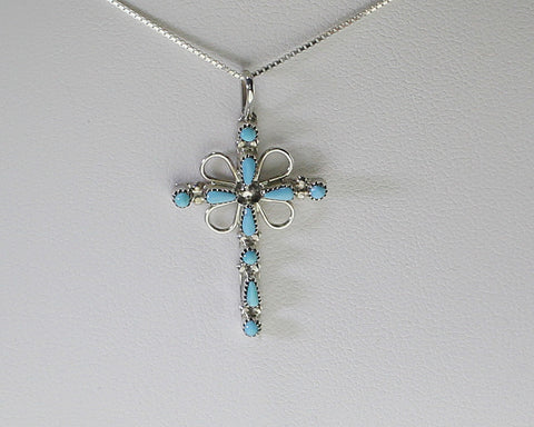 Z Cross Pendant w Chain- Zuni<br>Needlepoint Turquoise Inset in Sterling Silver<br>with Silver 4 Leaf Clover & 18" Chain