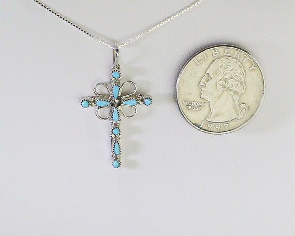 Z Cross Pendant w Chain- Zuni<br>Needlepoint Turquoise Inset in Sterling Silver<br>with Silver 4 Leaf Clover & 18" Chain