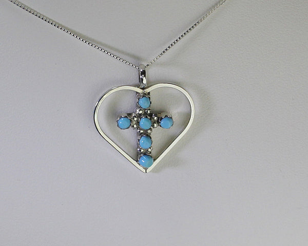 Z Heart with Cross Pendant w Chain <br> Miscellaneous Zuni<br>Native American Jewelry<br>Turquoise Dots with Silver Accents<br>& 18" Chain