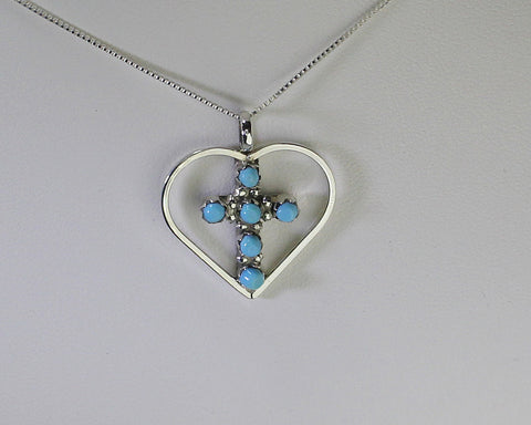 Z Heart with Cross Pendant w Chain <br> Miscellaneous Zuni<br>Native American Jewelry<br>Turquoise Dots with Silver Accents<br>& 18" Chain