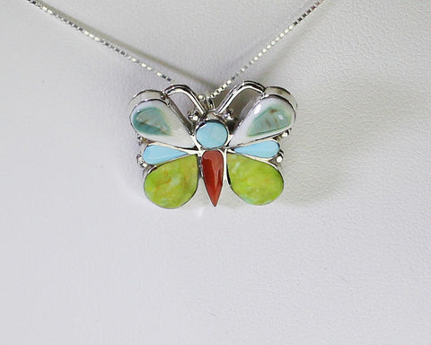 Z Angus Ahiyite - Zuni<br>Native American<br>Butterfly Pendant/Pin w Chain<br>Multi-inlay Shell, Turquoise, Coral, (Gaspiete)<br>with 18" Silver Box Chain