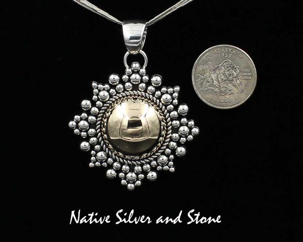 Z Artie Yellowhorse - Navajo<br>Pendant - Large Version<br>1-15/16" Snowflake/Star Domed<br>14k Gold & Sterling Silver