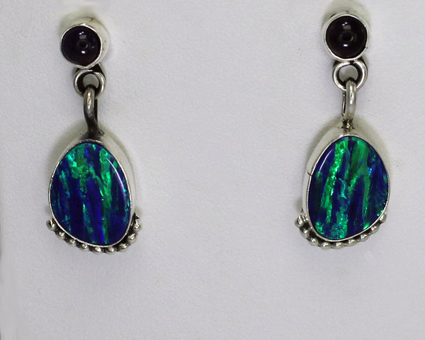 Z Miscellaneous Artist - RB (Navajo)<br>Earrings-Dangle Post<br>Blue-Green Imitation Opal<br>with Amethyst Dot and<br> Silver Bead Accents