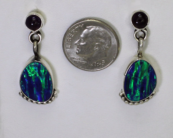 Z Miscellaneous Artist - RB (Navajo)<br>Earrings-Dangle Post<br>Blue-Green Imitation Opal<br>with Amethyst Dot and<br> Silver Bead Accents