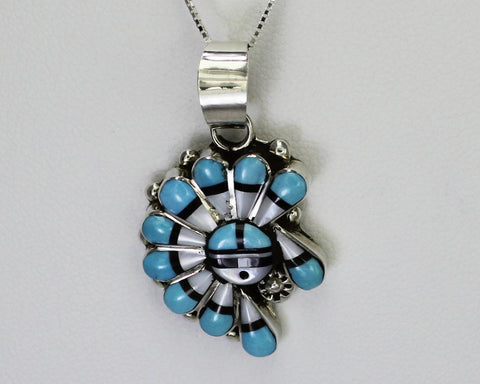 RC Gasper (Zuni)<br>Pendant with Chain<br>Sunface with Offset<br>Turquoise, White Mother of Pearl, and Jet<br>w Sterling Silver Accent