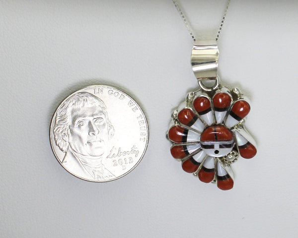 RC Gasper (Zuni)<br>Pendant with Chain<br>Sunface with Offset<br>Coral, White Mother of Pearl, and Jet<br>w Sterling Silver Accent