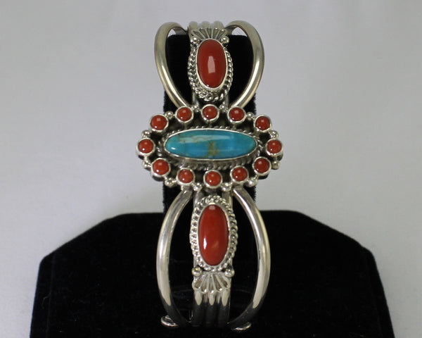 Z Running Bear Shop<br>Navajo Jewelry<br>Bracelet - Cuff<br>Turquoise Oval with<br>Red Coral Ovals & Dots<br>Sterling Silver Accents