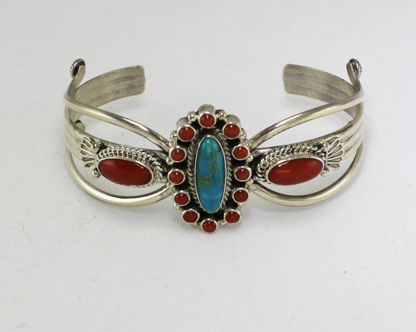 Z Running Bear Shop<br>Navajo Jewelry<br>Bracelet - Cuff<br>Turquoise Oval with<br>Red Coral Ovals & Dots<br>Sterling Silver Accents
