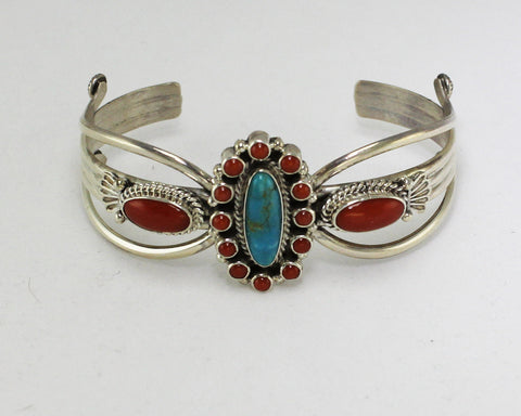 Z Running Bear Shop<br>Navajo Jewelry<br>Bracelet - Cuff<br>Turquoise Oval with<br>Red Coral Ovals & Dots<br>Sterling Silver Accents