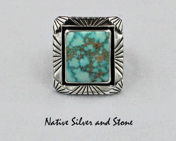 Tim Bedah (Deceased) - Navajo Jewelry<br>Handmade Ring<br>Turquoise - Large Rectangle<br>Heavy Silver Saw Cut Perimeter<br>Size 10-1/2