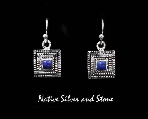 Z Elgin Tom - Navajo<br>1/2" Earrings<br>3/16" Maize - Square Lapis<br>Hook<br>Cast Sterling Silver