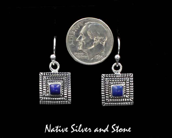 Z Elgin Tom - Navajo<br>1/2" Earrings<br>3/16" Maize - Square Lapis<br>Hook<br>Cast Sterling Silver