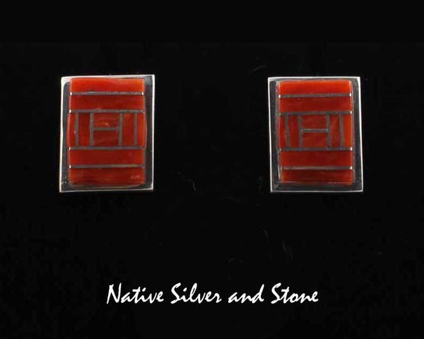Z J.S. - Miscellaneous Artist<br>Zuni Earrings - Post/Stud<br>Channel Inlay Rectangles<br>Coral