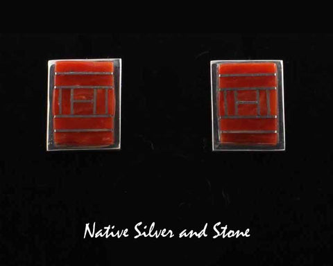 Z J.S. - Miscellaneous Artist<br>Zuni Earrings - Post/Stud<br>Channel Inlay Rectangles<br>Coral
