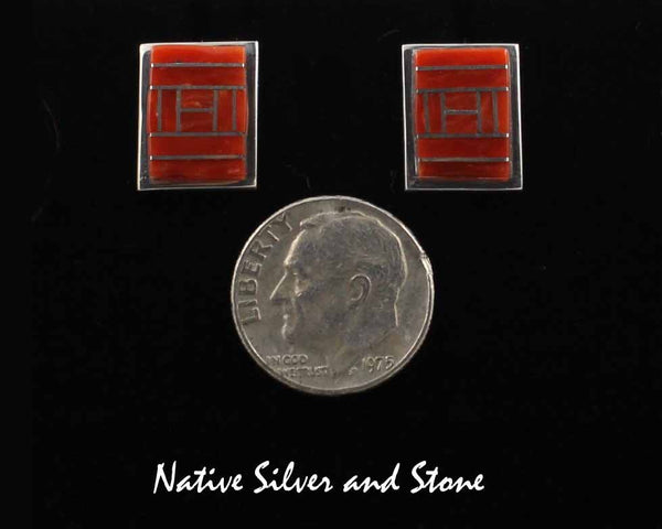 Z J.S. - Miscellaneous Artist<br>Zuni Earrings - Post/Stud<br>Channel Inlay Rectangles<br>Coral