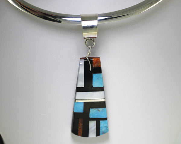 James Del & Doris Coriz<br>Ke-Wa / Santo Domingo Jewelry<br>Pendant (Only) Long Bell Shape<br>Large Multi-inlay of Turquoise,<br>Coral, Jet, & White Mother-of-Pearl<br>Backed by Pipestone