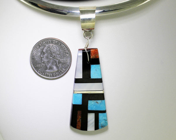 James Del & Doris Coriz<br>Ke-Wa / Santo Domingo Jewelry<br>Pendant (Only) Long Bell Shape<br>Large Multi-inlay of Turquoise,<br>Coral, Jet, & White Mother-of-Pearl<br>Backed by Pipestone