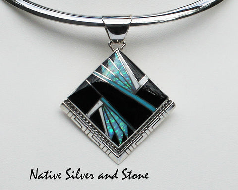 Z James Lee - Navajo<br>1-7/8" Pendant<br>Feather-Cut Inlay<br>Onyx, Opal, Turquoise<br>Sawcut<br>Sterling Silver