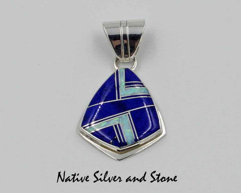 Z James Lee - Navajo<br>1-1/8" Pendant - Handmade Inlay<br>Lapis & Opal<br>Sterling Silver