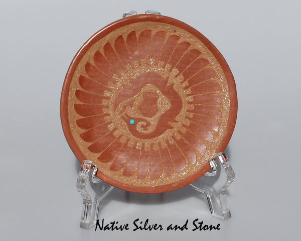 Z Jeanne Gonzales<br>San Ildefonso Pueblo<br>4-1/8" Small Avanyu Pot Redware Plate<br>Terra Cotta with Turquoise