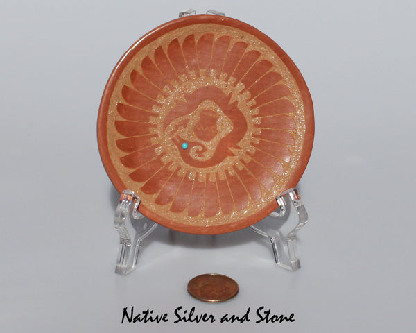 Z Jeanne Gonzales<br>San Ildefonso Pueblo<br>4-1/8" Small Avanyu Pot Redware Plate<br>Terra Cotta with Turquoise