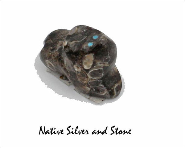 Z Bear on Fours<br>Zuni Fetish Carving<br>Jeff Yunie<br>Leopard Jasper with Turquoise Eyes