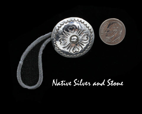 Jennie Blackgoat - Navajo<br>1-1/16" Hair Tie - Button <br> Stamped - Hearts<br>Sterling Silver