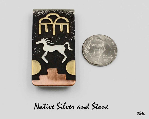 Jeremy & Eileen Rosetta - Ke-Wa Jewelry<br>Money Clip /Pendant Large<br>Oxidized Sterling Silver with<br>Silver, Copper, & Brass Overlay<br>Horse & Raincloud