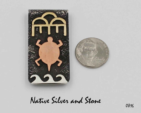Jeremy & Eileen Rosetta - Ke-Wa Jewelry<br>Money Clip /Pendant Large<br>Oxidized Sterling Silver with<br>Silver, Copper, & Brass Overlay<br>Turtle & Raincloud