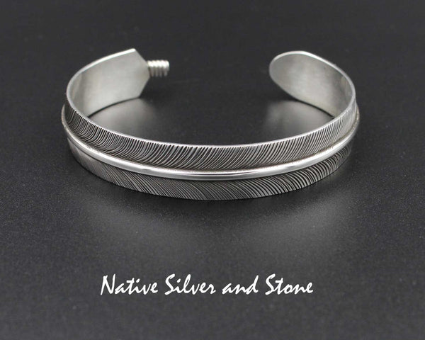 Z Joe Piaso Jr - Navajo<br>Navajo Jewelry<br>1/2" Bracelet - Cuff<br>Handmade Feather<br>Oxidized Sterling Silver<br>Size 6-3/4"