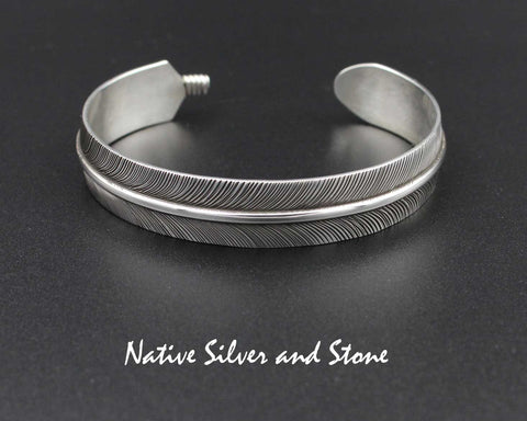 Z Joe Piaso Jr - Navajo<br>Navajo Jewelry<br>1/2" Bracelet - Cuff<br>Handmade Feather<br>Oxidized Sterling Silver<br>Size 6-3/4"
