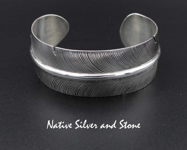 Joe Piaso Jr - Navajo<br>Navajo Jewelry<br>1" Bracelet - Cuff<br>Handmade Feather<br>Oxidized Sterling Silver<br>Size 7"