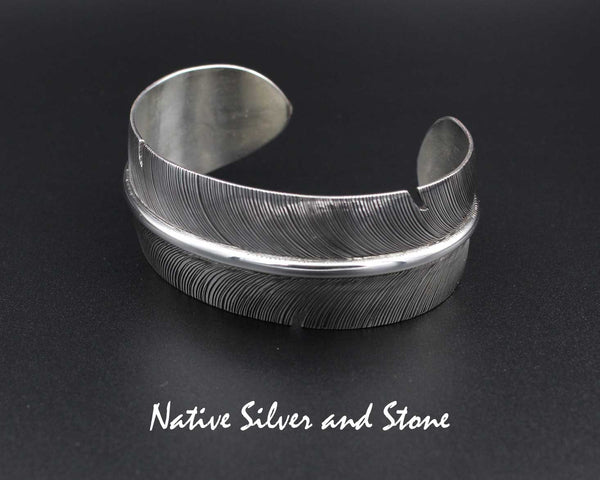 Joe Piaso Jr - Navajo<br>Navajo Jewelry<br>1" Bracelet - Cuff<br>Handmade Feather<br>Oxidized Sterling Silver<br>Size 7"