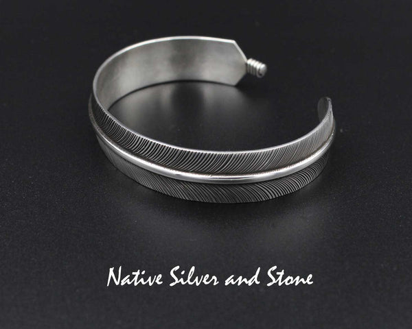 Z Joe Piaso Jr - Navajo<br>Navajo Jewelry<br>1/2" Bracelet - Cuff<br>Handmade Feather<br>Oxidized Sterling Silver<br>Size 6-3/4"