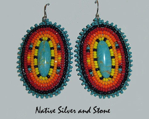 Z Joe & LeJeune Chavez<br>(Santo Domingo/Kewa - Seminole)<br>Earrings - French Wire Ovals<br>"Traditional Sunset"<br>Turquoise Ovals in Beaded Setting
