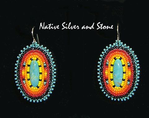 Z Joe & LeJeune Chavez<br>(Santo Domingo/Kewa - Seminole)<br>Earrings - French Wire Ovals<br>"Traditional Sunset"<br>Turquoise Ovals in Beaded Setting