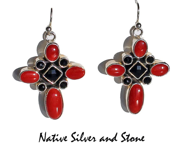Joe Piaso Jr- Navajo<br>Earrings-French Wire<br>Crosses Mediterranean Red Coral <br>with Faceted Onyx Accents