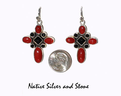 Joe Piaso Jr- Navajo<br>Earrings-French Wire<br>Crosses Mediterranean Red Coral <br>with Faceted Onyx Accents